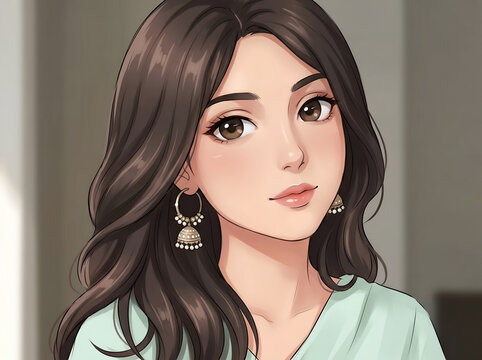 Close up portrait of dark haired girl with jhumka earrings anime style