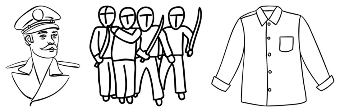 Clean collection featuring a commander, a group of infantrymen, and a formal service shirt. These drawings depict a military officer, troops, and a duty uniform in a simple style.