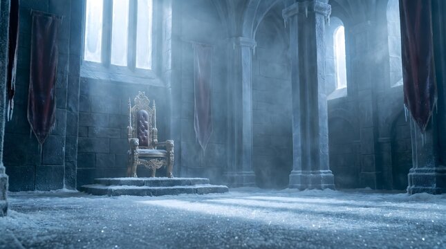 Majestic golden throne sits inside a dark cold stone castle hall