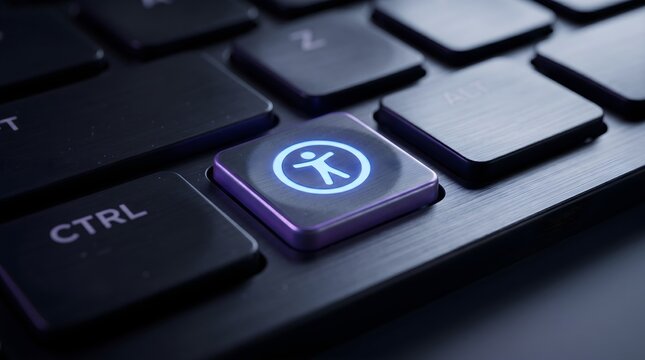 An extreme close-up of a glowing accessibility symbol key on a dark computer keyboard, symbolizing digital inclusion and user-friendly technology