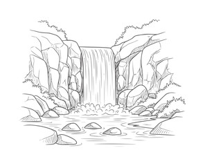 Black and white of a cascading waterfall flowing over rocks into a pool nature © Mehedi