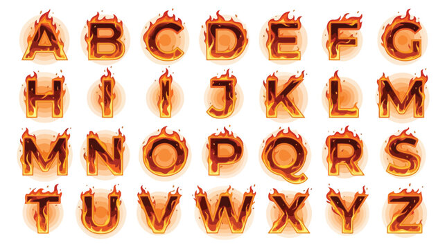 Fiery alphabet font set with burning letters, 26 flaming typography elements in vector format, hot orange fire text for creative design