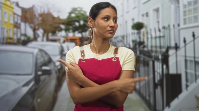 Woman in red apron points finger at parked car on a city street, crossing arms in thought; indecision choice.