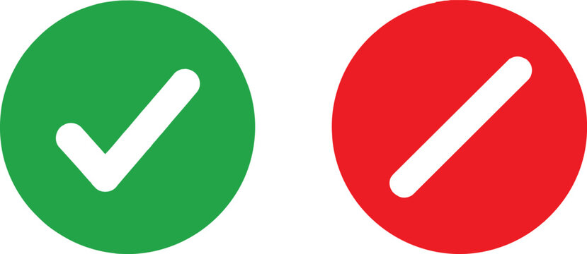 Green check mark and red slash mark icons for true or false choice and decision making