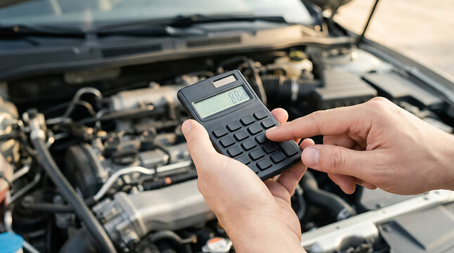 Calculating car repair costs with a calculator near the car engine