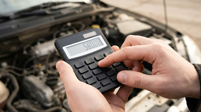 Hands carefully calculating automotive repair costs using a digital device over an open engine