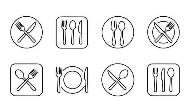 Minimalist Linear Cutlery and Plate Icon Set with Fork Spoon and Knife Symbols for Modern Restaurant Branding Menu Design Food Service Apps and Kitchen Signage