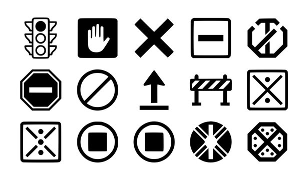 Traffic Warning and Road Prohibition Icon Set with Stop Signs, Barrier, Traffic Lights, and Warning Symbols for Transportation Safety, Navigation Apps, and Urban Design