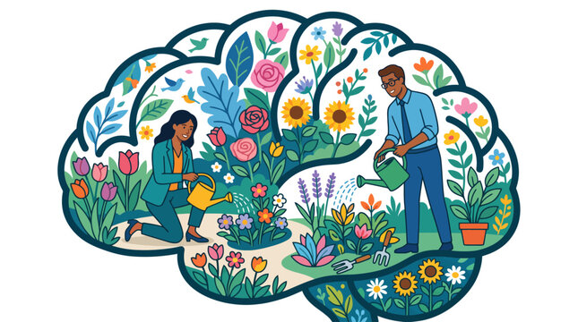 People working together inside digital brain with blooming flowers for neurodiversity inclusion, flat vector illustration isolated on transparent background