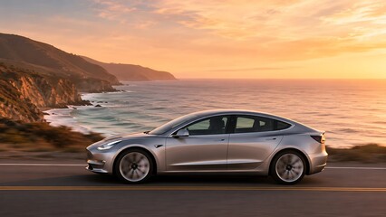 Obraz premium Side View of a Modern Electric Car on an Empty Coastal HighwayUltra‑realistic side profile shot of a sleek silver electric sedan driving on an empty two‑lane coastal highway at golden hour.