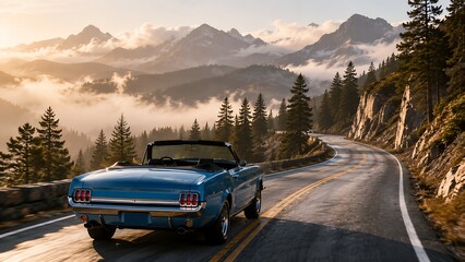 Obraz premium Vintage Blue Convertible on a Winding Mountain RoadUltra‑realistic shot of a vintage blue convertible (1960s style, generic) driving away from the camera on a winding mountain road surrounded.