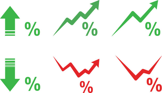 Set of percentage growth and decline arrows and line charts in green and red colors