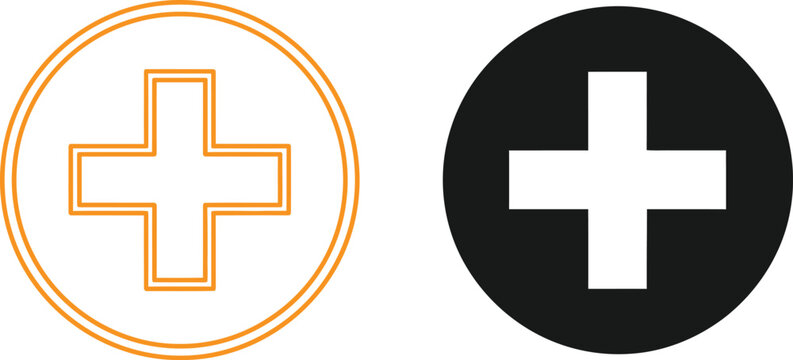 Set of two plus sign icons with an orange line style and a solid black circular button design