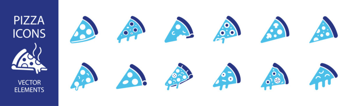 Pizza icons collection, filled food pictograms for restaurant menu and delivery on transparent background