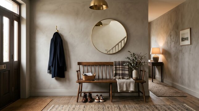 A wide horizontal view of an elegant entryway, featuring a dark oak bench, a simple brass coat hook, and a textured, warm grey limewash wall under soft, warm lighting.