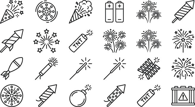 Fireworks and pyrotechnics outline icon set with festival rockets dynamite tnt bomb vector lineart illustration