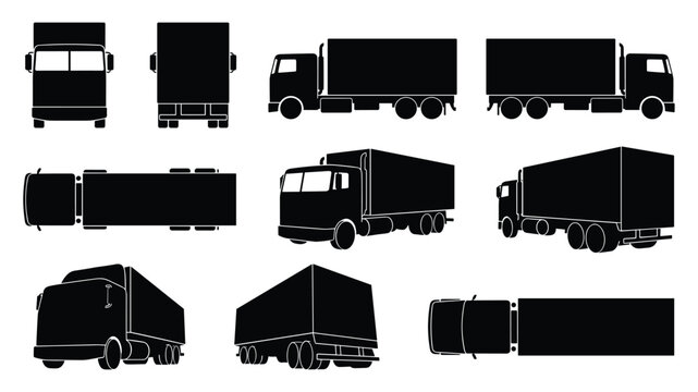European Box Truck and Cargo Van Silhouette Set &mdash; Multiple Views Vector Illustration Isolated