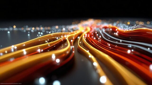 Abstract Fiber Optics Flow: A vibrant display of illuminated fiber optic cables flowing in a dynamic, abstract pattern, suggesting high-speed data transmission and technological advancement.
