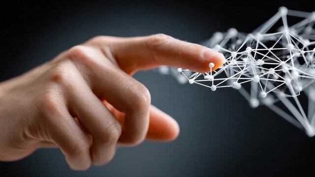 Abstract Network Connection: A human hand reaches out to touch an intricate, glowing white network of interconnected nodes and lines, symbolizing digital connection and technological advancement.