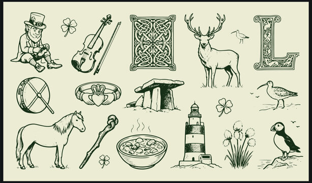 Celtic culture illustration with leprechaun shamrocks animals and heritage motifs
