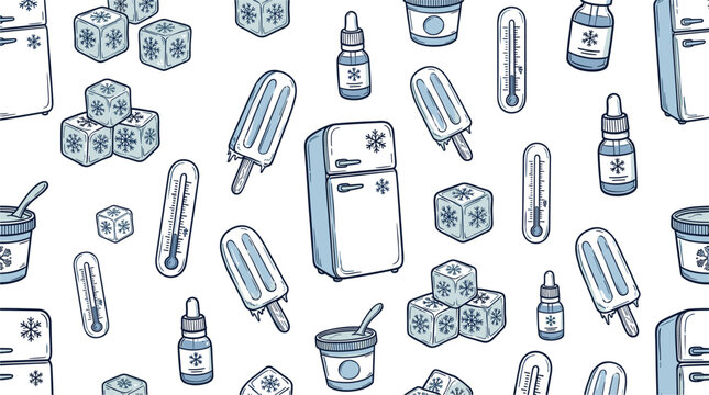Freezing and cooling doodle seamless pattern with refrigerator ice cubes popsicles and thermometers vector