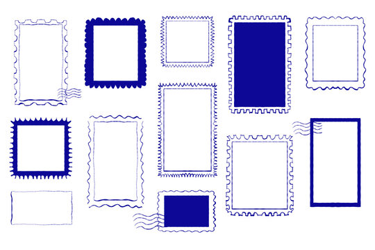 Whimsical minimal hand drawn Italian postcard stamp set. Vintage Italy summer borders. Blue frames, mediterranean elements for menu, wedding, prints, invitation. illustration