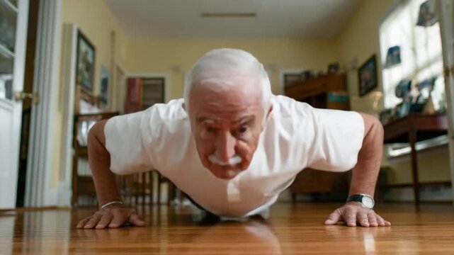 Senior Man Doing Push-Ups: An elderly man with white hair and a mustache performs a push-up exercise on a polished wooden floor, demonstrating strength and vitality in his home.