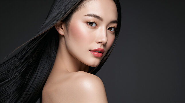 Portrait of a Beautiful Young East Asian Woman with Long Straight Black Hair and Flawless Glowing Skin on a Dark Background