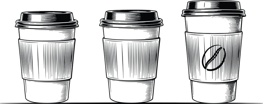Hand drawn takeaway coffee cups, reusable beverage containers sketch vector illustration for cafe branding