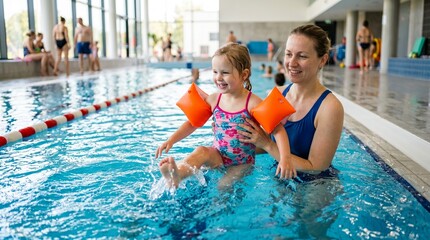Naklejka premium Joyful mother and daughter splashing water in indoor swimming pool with arm floaties for safety and fun
