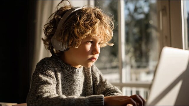 Young boy with curly hair wearing headphones and concentrating on his laptop for distance education