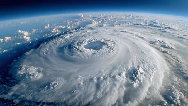 Eye of the Storm: A colossal hurricane seen from space, its vast swirling clouds a testament to nature's immense power, with the deep blue of Earth's atmosphere curving below.