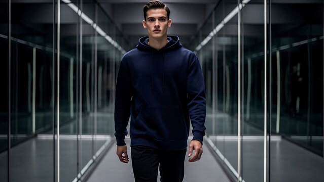 Confident man in modern office corridor wearing dark suit.