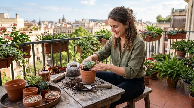 Woman happily planting a succulent on a balcony garden overlooking a city skyline on a sunny day