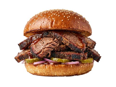 A juicy beef brisket sandwich with pickles and onions on a sesame seed bun