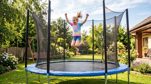 Joyful young girl with arms raised in excitement jumping high on a trampoline in a sunny backyard garden