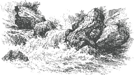 Fototapeta premium Detailed engraving of a rocky waterfall with flowing water and surrounding vegetation