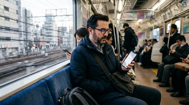 Man with beard and glasses using smartphone on crowded commuter train with city view outside window