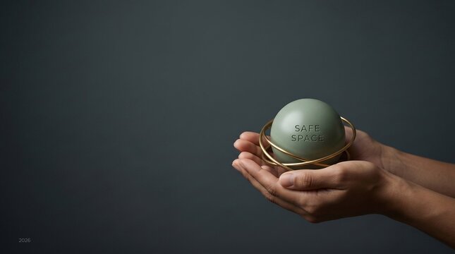 Hands cupping a sage green sphere with gold rings and safe space text engraving against a dark minimalist background