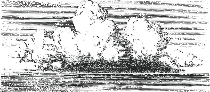 Vintage engraved seascape with large dramatic clouds over calm ocean horizon