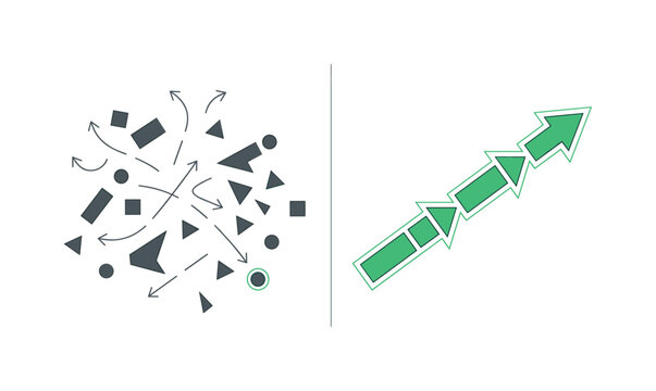 Split scene showing left side unclear direction with scattered arrows and disorganized elements, right side clear strategy with