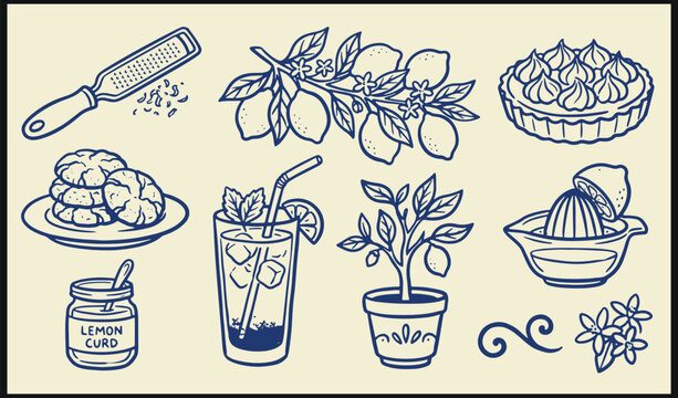 Lemon-themed culinary and beverage illustration set