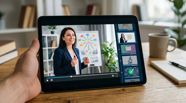 Woman teaching online course on tablet computer showing presentation with charts and diagrams in a home office setting