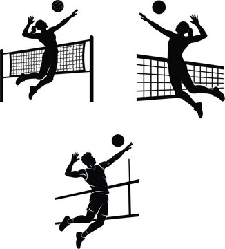 Volleyball player silhouettes vector collection featuring male and female athletes jumping hitting spiking ball over net isolated on white background