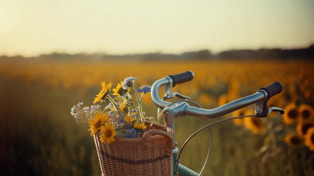 Bicycle with wildflowers in a sunset field