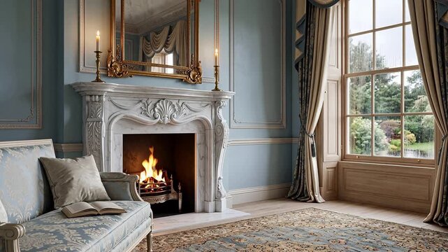 Elegant Georgian English drawing room with a graceful fire in a white marble fireplace, gilt mirror, flickering candles and rain on a tall sash window &mdash; refined seamless looping background
