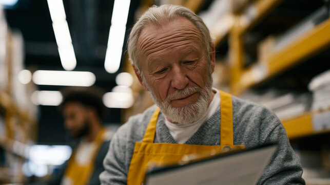 Wiry grandfather in hardware store apron scanning inventory shelves during autumn morning shift, retirement-age part-time worker checking stock list on clipboard, fluorescent