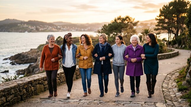 Diverse group of women of different ages and ethnicities walking together arm in arm along a scenic coastal path at sunset