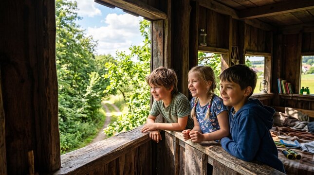 Three happy children looking out from a rustic wooden treehouse into a lush green forest on a sunny day