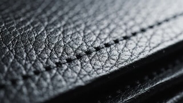Close-up macro shot of the textured surface of black leather with visible stitching.